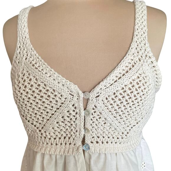 Room 34 Beige Crochet & Eyelet Lace Babydoll Tank Top MED Boho Festival Coquette - Picture 3 of 10